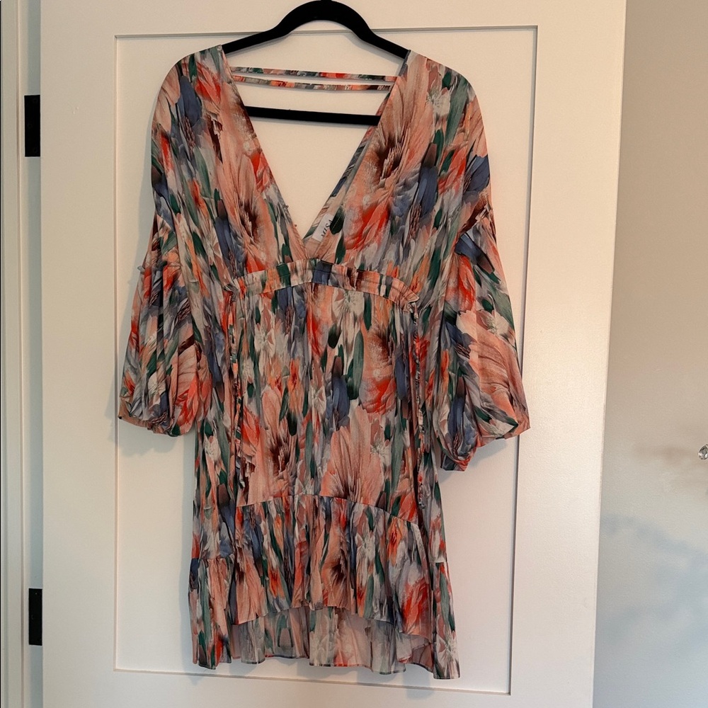 Misa Los Angeles Colorful V-Neck bubble sleeve mini dress